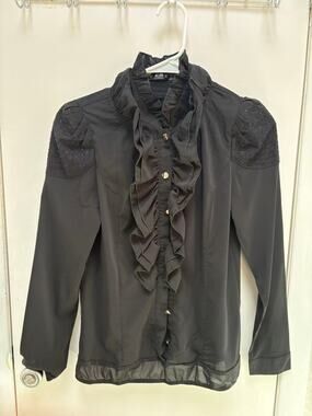 Korean Black Ruffle Blouse High Neck Victorian Gothic Top Fits XS/S